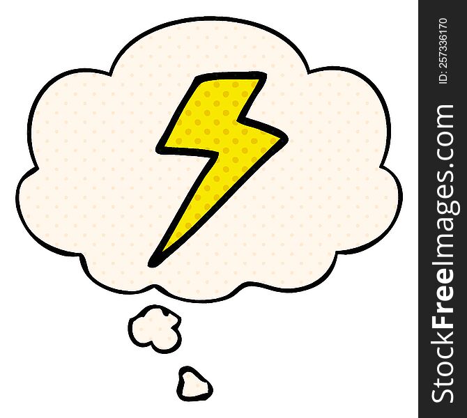 cartoon lightning bolt with thought bubble in comic book style