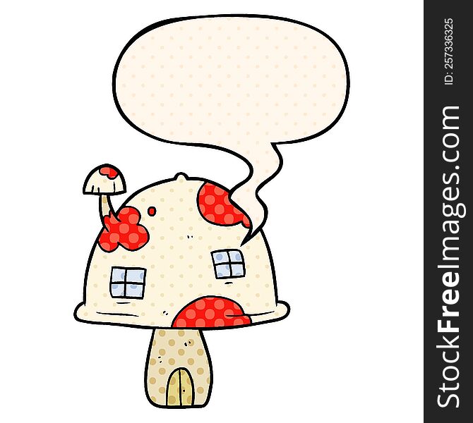 cartoon fairy mushroom house with speech bubble in comic book style