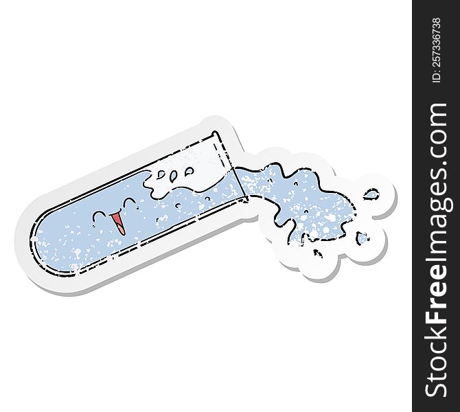 distressed sticker of a cartoon test tube spilling