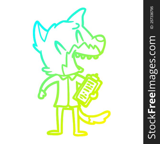 cold gradient line drawing of a laughing fox salesman
