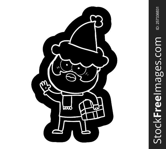 Cartoon Icon Of A Bearded Man With Present Wearing Santa Hat