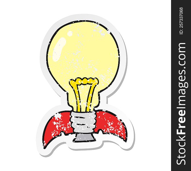 retro distressed sticker of a cartoon lightbulb rocket ship