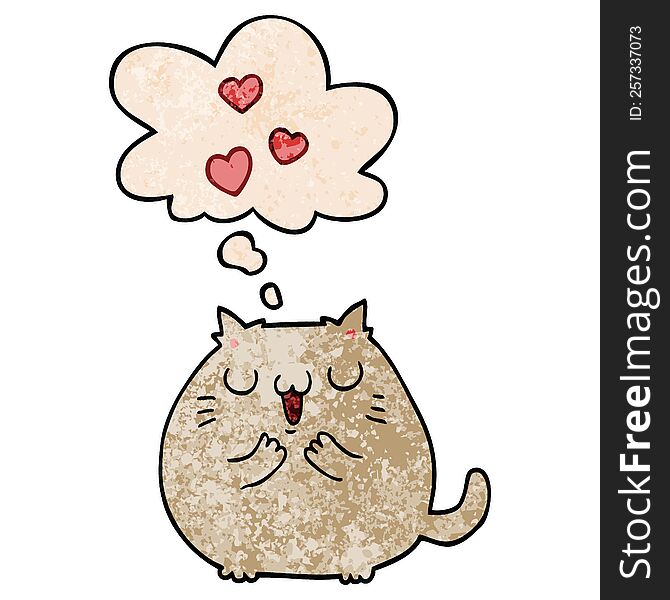 Cute Cartoon Cat In Love And Thought Bubble In Grunge Texture Pattern Style