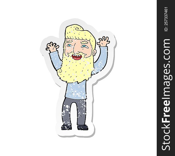 Retro Distressed Sticker Of A Cartoon Happy Bearded Man Waving Arms
