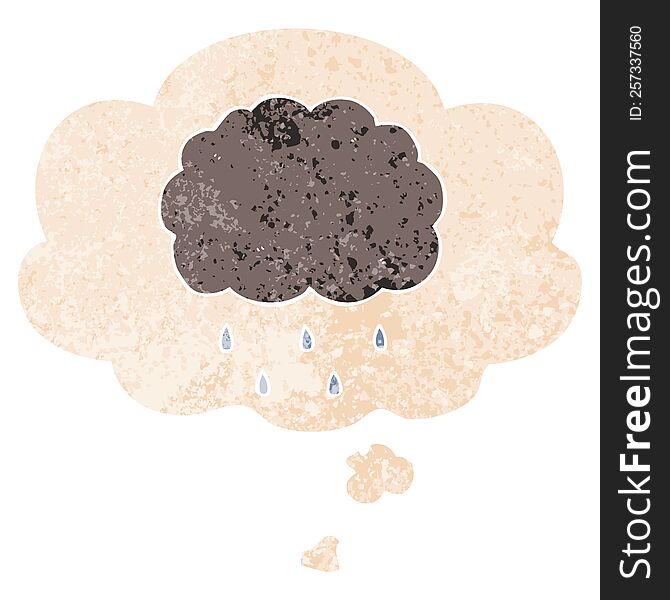 cartoon cloud raining with thought bubble in grunge distressed retro textured style. cartoon cloud raining with thought bubble in grunge distressed retro textured style