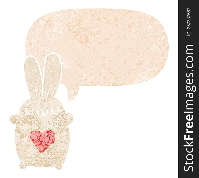 cute cartoon rabbit with love heart with speech bubble in grunge distressed retro textured style. cute cartoon rabbit with love heart with speech bubble in grunge distressed retro textured style