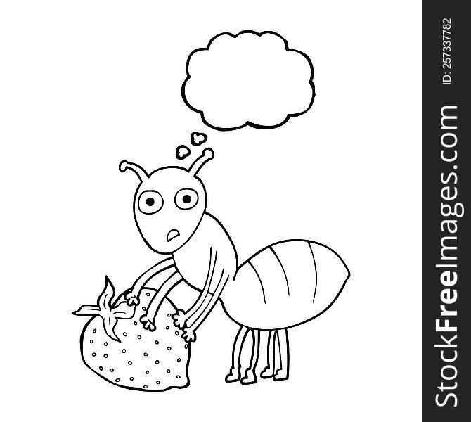 freehand drawn thought bubble cartoon ant with berry