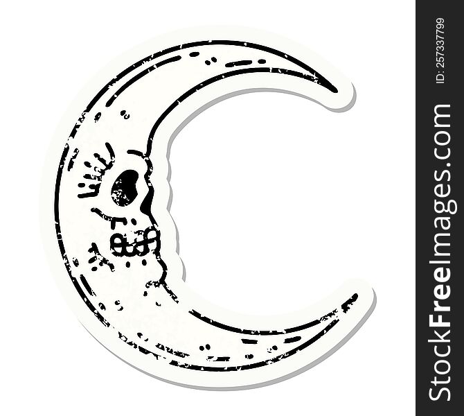 Traditional Distressed Sticker Tattoo Of A Skull Moon