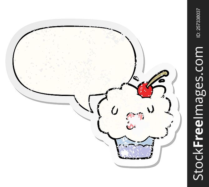 Funny Cartoon Cupcake And Speech Bubble Distressed Sticker