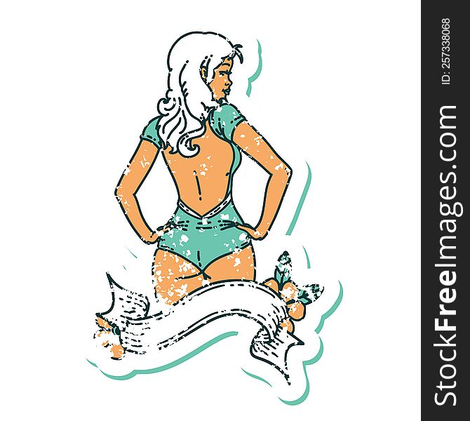distressed sticker tattoo in traditional style of a pinup swimsuit girl with banner. distressed sticker tattoo in traditional style of a pinup swimsuit girl with banner