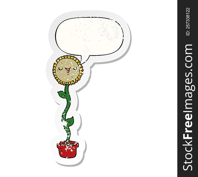 Cartoon Sunflower And Speech Bubble Distressed Sticker