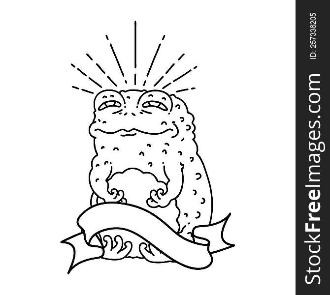 scroll banner with black line work tattoo style toad character