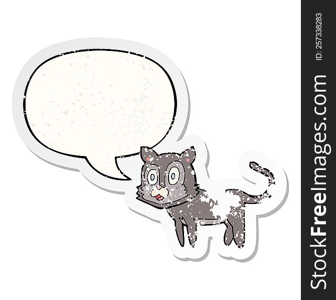 Happy Cartoon Cat And Speech Bubble Distressed Sticker
