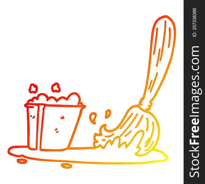 warm gradient line drawing of a cartoon bucket and mop