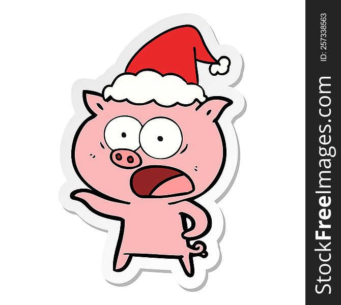 Sticker Cartoon Of A Pig Shouting Wearing Santa Hat