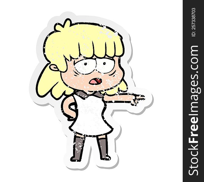 Distressed Sticker Of A Cartoon Tired Woman Pointing