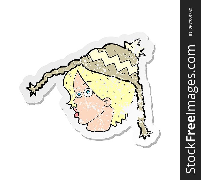 retro distressed sticker of a cartoon woman wearing winter hat