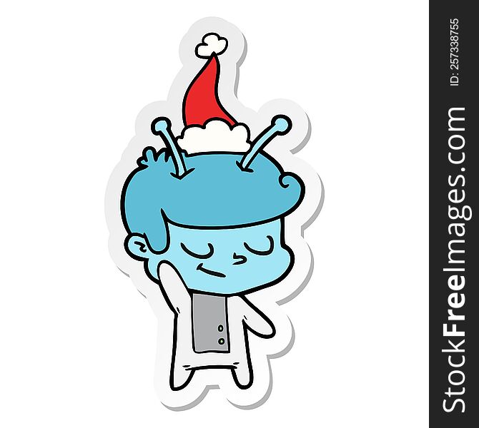 Friendly Sticker Cartoon Of A Spaceman Wearing Santa Hat