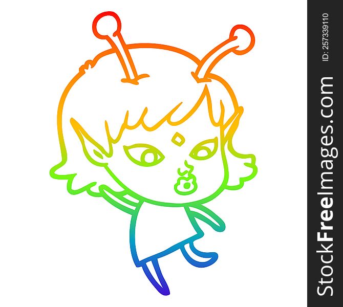 rainbow gradient line drawing of a pretty cartoon alien girl dancing