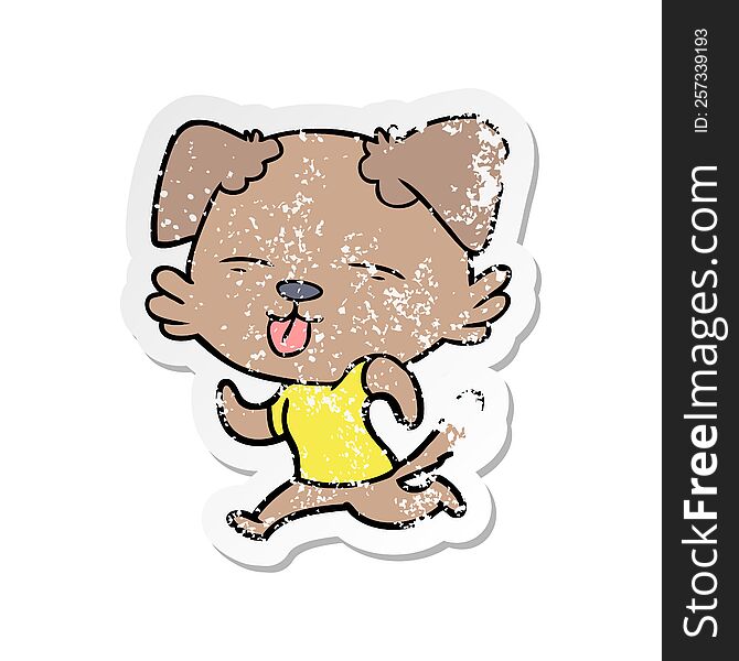 Distressed Sticker Of A Cartoon Running Dog Sticking Out Tongue