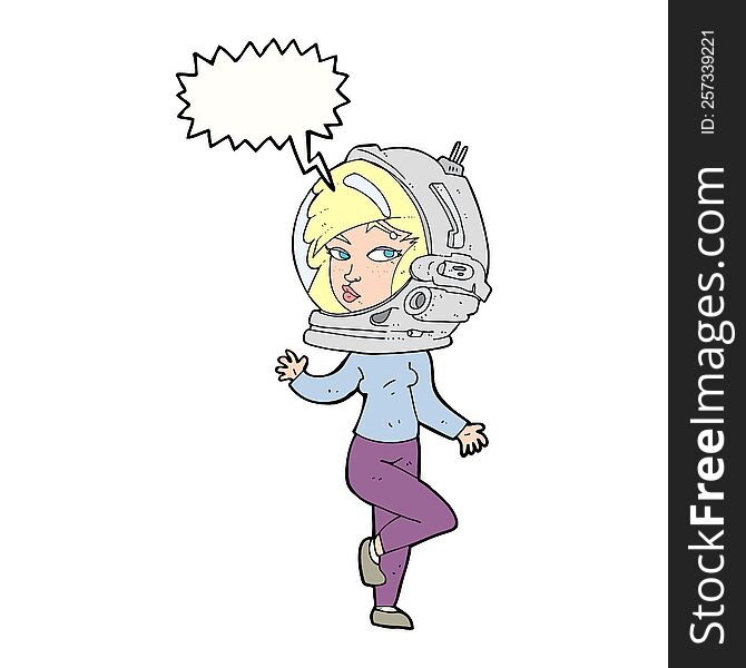 cartoon woman wearing space helmet with speech bubble