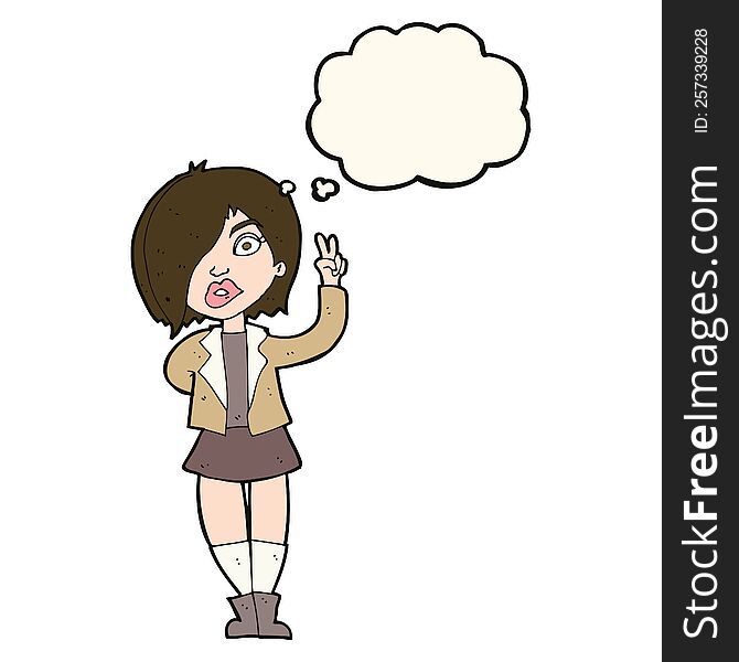 cartoon cool girl giving peace sign with thought bubble