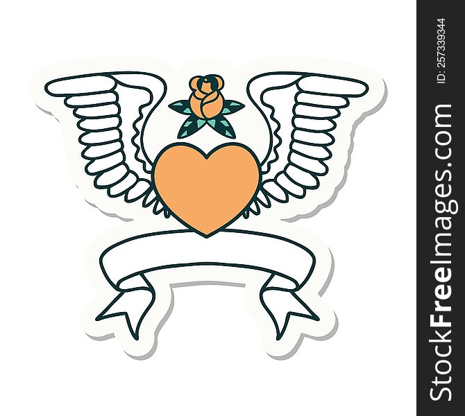 tattoo style sticker with banner of a heart with wings