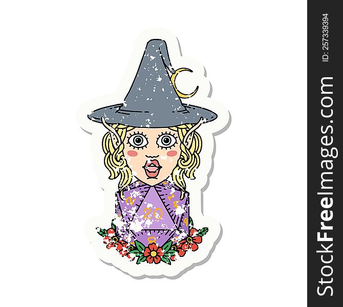 Elf Mage Character With Natural Twenty Dice Roll Grunge Sticker
