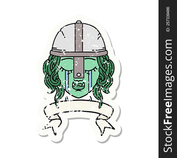 grunge sticker of a crying orc fighter character face. grunge sticker of a crying orc fighter character face