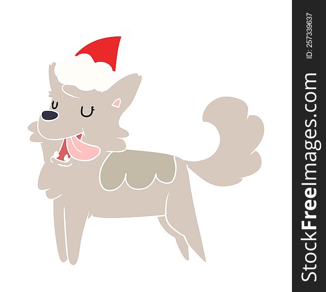 Flat Color Illustration Of A Happy Dog Wearing Santa Hat