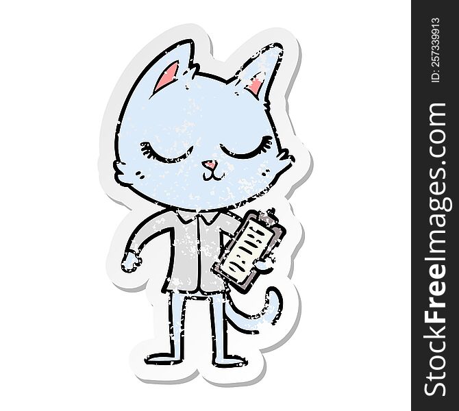 distressed sticker of a calm cartoon cat with clipboard