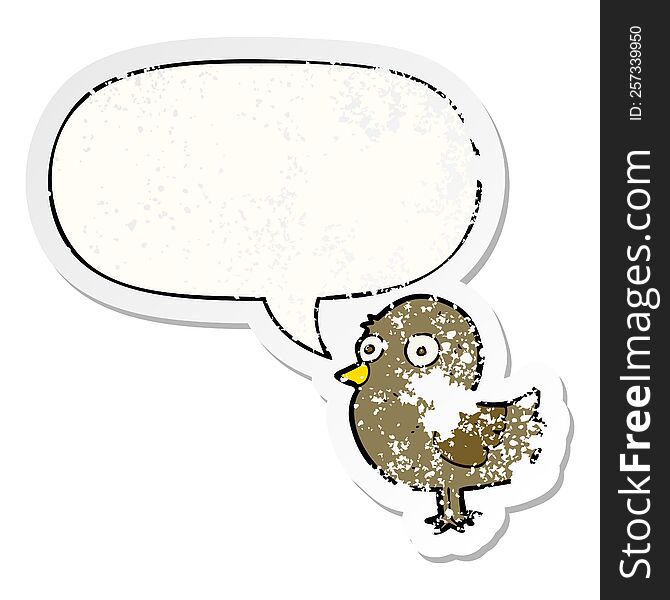 cartoon bird with speech bubble distressed distressed old sticker. cartoon bird with speech bubble distressed distressed old sticker