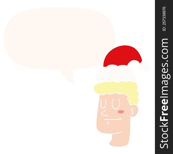 Cartoon Man Wearing Christmas Hat And Speech Bubble In Retro Style
