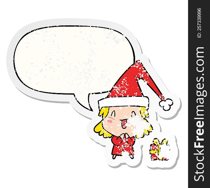 cartoon girl wearing christmas hat with speech bubble distressed distressed old sticker. cartoon girl wearing christmas hat with speech bubble distressed distressed old sticker