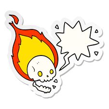 Spooky Cartoon Flaming Skull And Speech Bubble Sticker Stock Photo