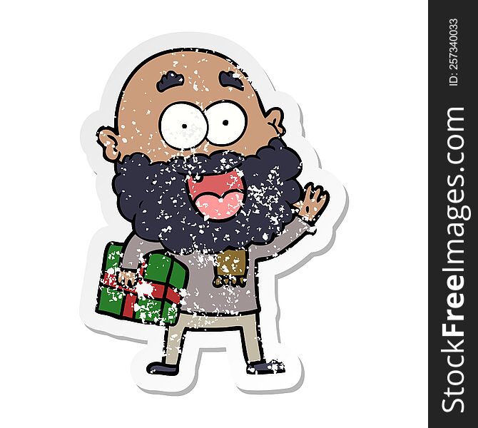 distressed sticker of a cartoon crazy happy man with beard and gift under arm