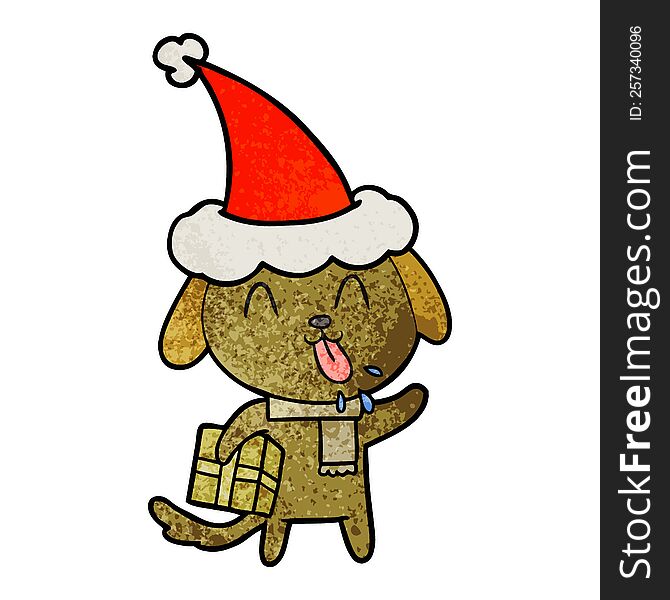cute hand drawn textured cartoon of a dog with christmas present wearing santa hat