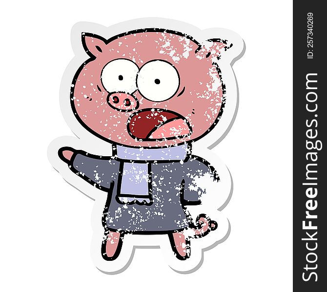 Distressed Sticker Of A Cartoon Pig Shouting