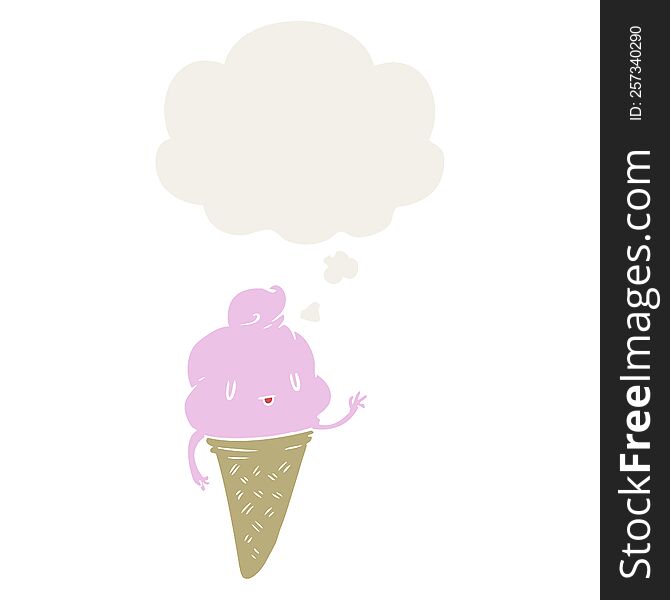 cute cartoon ice cream with thought bubble in retro style