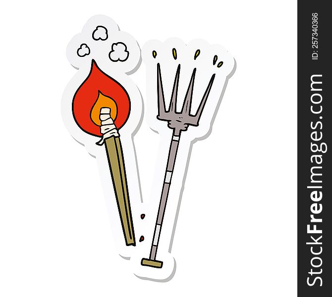 sticker of a cartoon pitchfork and burning brand