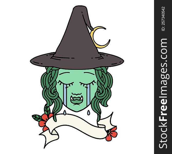 crying half orc witch character face illustration