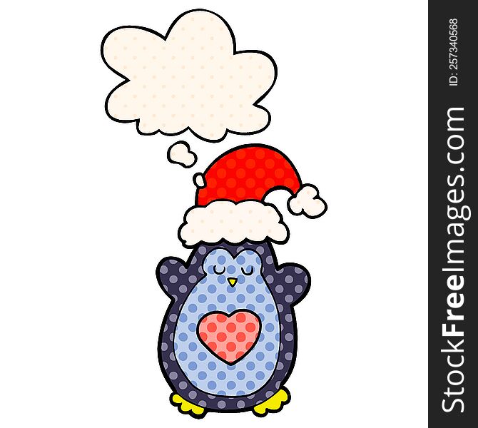 Cute Christmas Penguin And Thought Bubble In Comic Book Style
