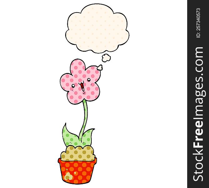 cute cartoon flower with thought bubble in comic book style