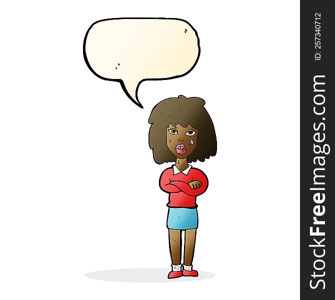 Cartoon Tough Woman With Folded Arms With Speech Bubble