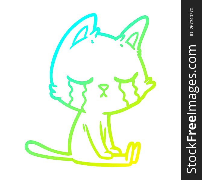 Cold Gradient Line Drawing Crying Cartoon Cat Sitting