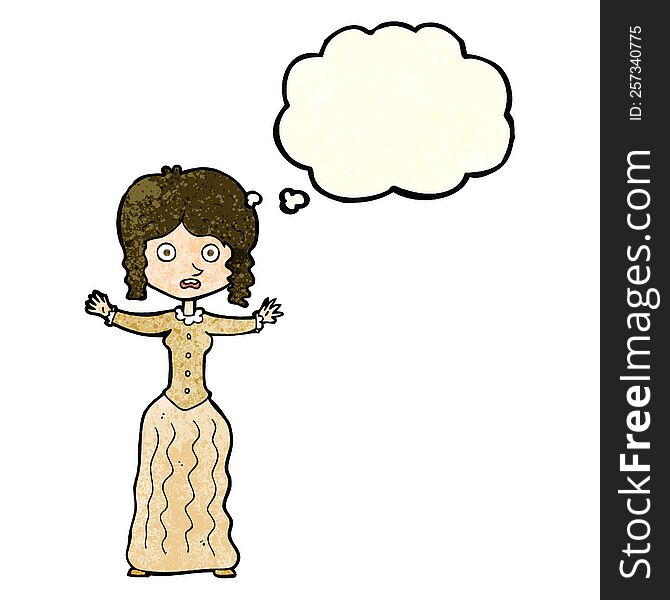 cartoon worried victorian woman with thought bubble