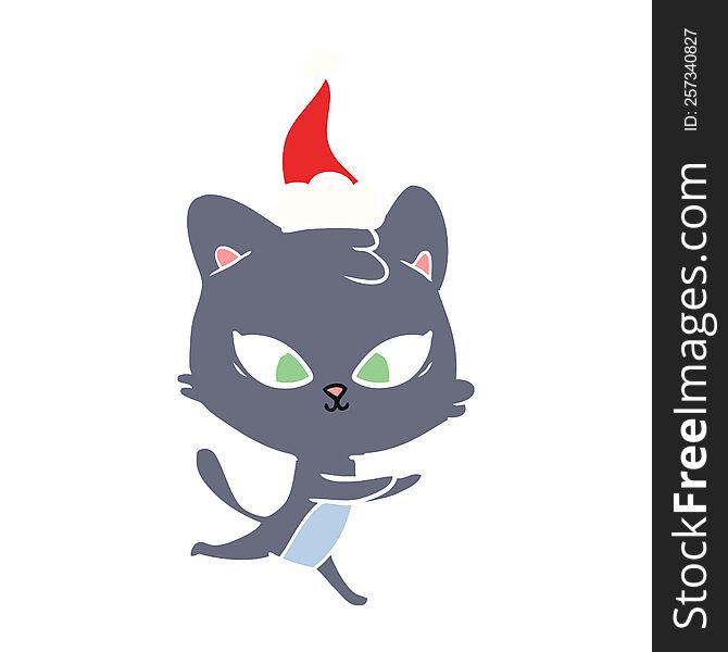 Cute Flat Color Illustration Of A Cat Wearing Santa Hat
