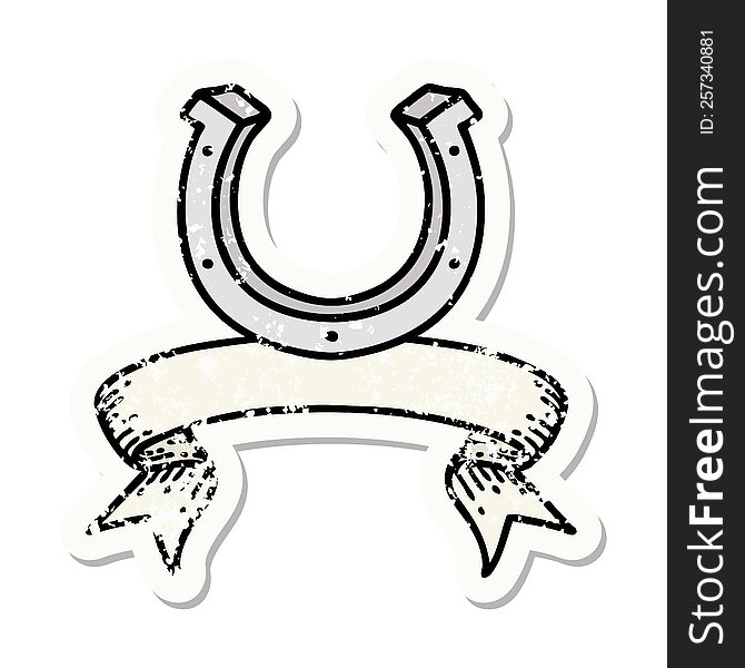 grunge sticker with banner of a horse shoe