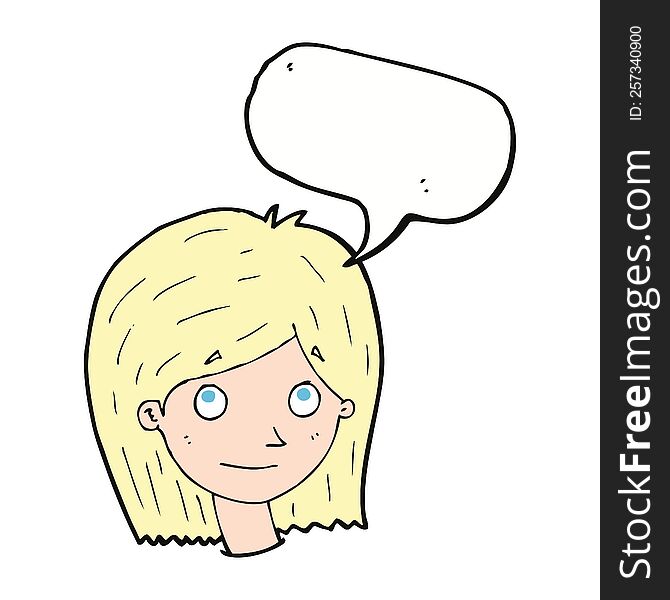 cartoon happy female face with speech bubble