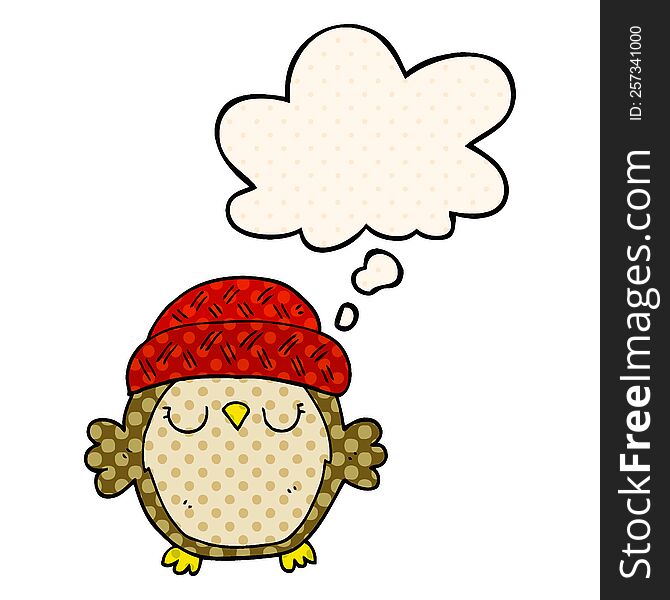Cute Cartoon Owl In Hat And Thought Bubble In Comic Book Style
